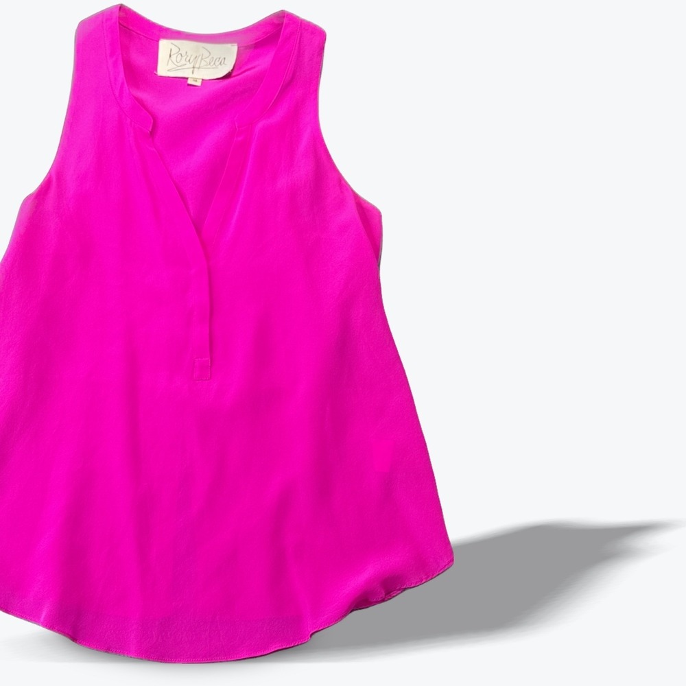 Rory Beca Blouse Silk Tank Top Sleeveless V-Neck Peplum Back Fuchsia Pink